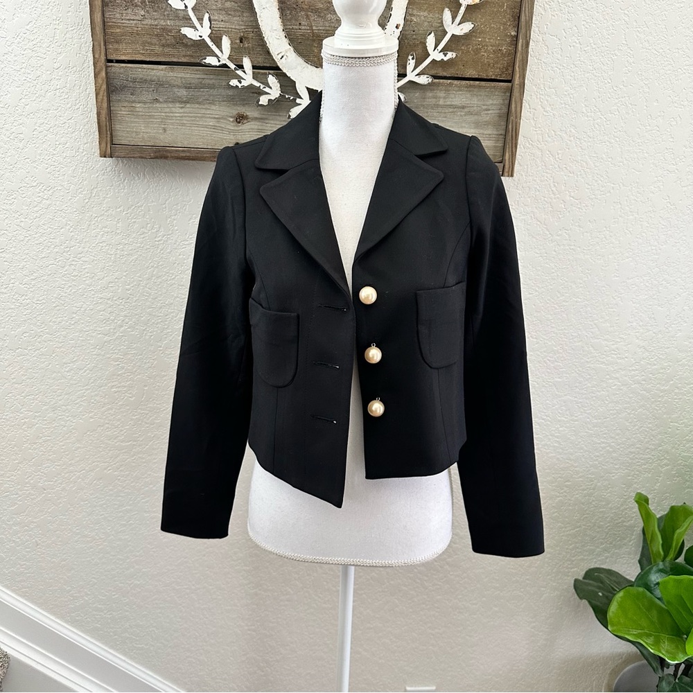 Smythe black cropped wool blend blazer jacket pearl button ladies size 6
